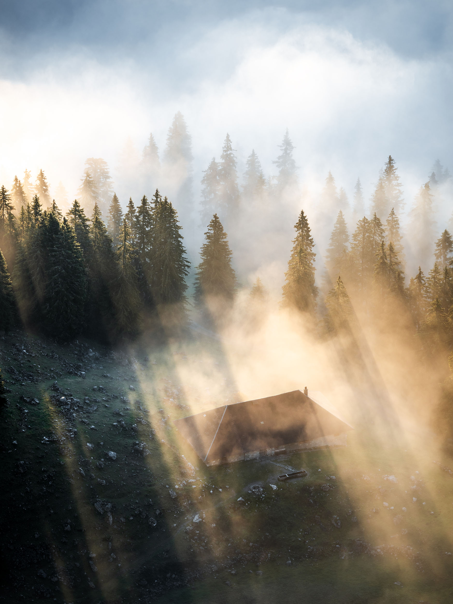 Alphütte im Nebel Schweizer Landschaft Print Wandbild